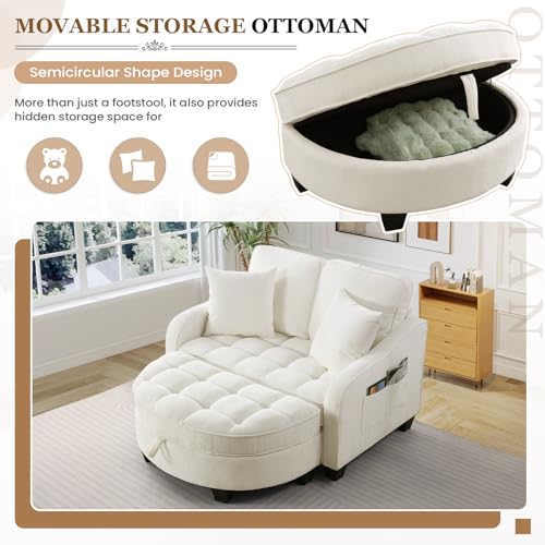 Image of Oversized Chair and A Half, Chenille Tufting Accent Cozy Reading Sofa Chair with Storage Ottoman, Upholstered Loveseat Chaise Lounge Sofa with Adjustable Back for Living Room, Office, Sunroom, Beige