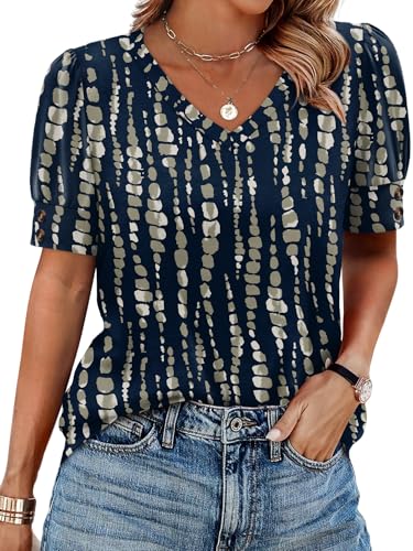 Image of OFEEFAN Womens Tops Short Sleeve Shirts Buttons V Neck Spring Fashion Summer Outfits Plus Size Blouses Dressy Casual