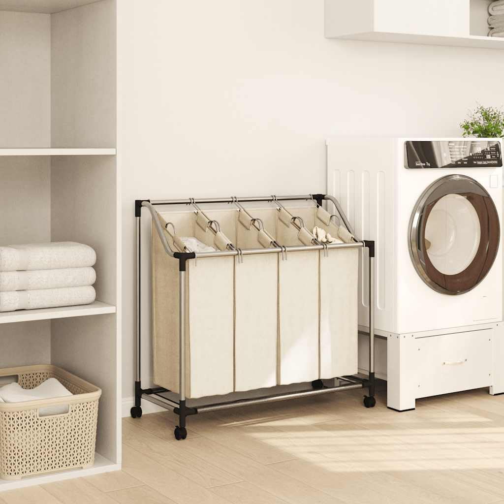 4-Bag Laundry Sorter Cart with Heavy Duty Steel Frame, Rolling Clothes Hamper Organizer with Wheels and Carrying Handles for Laundry Room, Cream