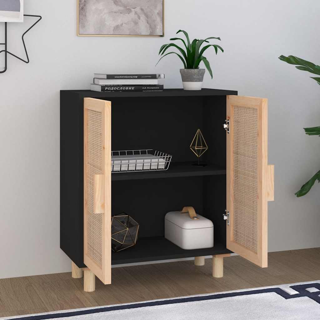 Sideboard Schwarz 60x30x70cm Massivholz Kiefer Natur-Rattan mit viel Stauraum, stabile Oberplatte, platzsparend für Wohnzimmer, Esszimmer, Flur und Büro, inklusive Wandhalterung