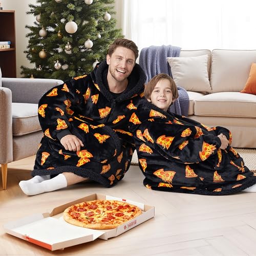 Image of Giggling Getup Wearable Blanket Hoodie for Girls and Boys Warm Cozy Sherpa Fleece Hooded Blanket Sweatshirt Oversized Hoodie with Giant Pocket & Sleeves for Kids Pizza