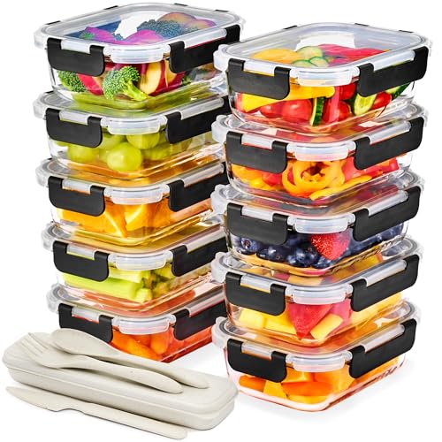 Sorbus 20pc Glass Meal Prep Containers Set – 10 Glass Food Storage Containers (21.3oz, 2.6 Cups) with Airtight Lids – Freezer, Dishwasher, and Oven Safe – Reusable Containers for Meal Prep and Storage