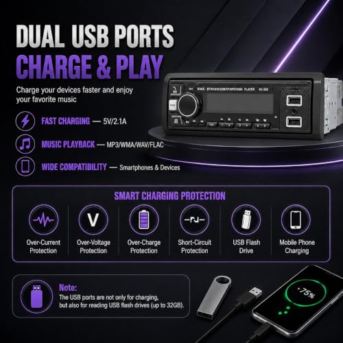 Image of AUTO SNAP Single DIN Car Stereo MP3 Player with USB, AUX, FM Radio, Bluetooth, Hands-Free Calling & Digital Display | Car Music System with Easy Controls with App