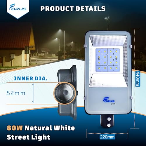Image of Forus LED Street Light 80W Waterproof Outdoor Natural White Lamp for Home Garden Parking Lot Road Pathway Highway Warehouse Factory Yard Driveway Pole Mounted LED Streetlight 5 Years Warranty 1Pc
