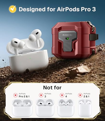 Image of MOBOSI for AirPods Pro 3 Case 2025 with Drop-Proof Lock, Cleaning Kit & Keychain, Compatible with MagSafe, Military-Grade Protection Hard Cover for iPods Pro 3rd Generation, Red