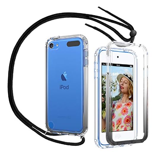 iPod Touch 7 Case, iPod Touch 6 Case, iPod Touch 5 Case with Neck Cord Lanyard Strap, OWKEY Full Body Crystal Clear Case with Built in Screen Protector, Shock Drop Proof Slim Fit Cover, Transparent