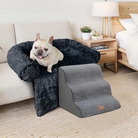GGIB 3-Step Grey Dog Stairs and Dark Grey Large Calming Dog Bed Fluffy Plush Dog Mat for Sofa, High Bed Pet Steps for Small Dogs with Removable Washable Cover Cover