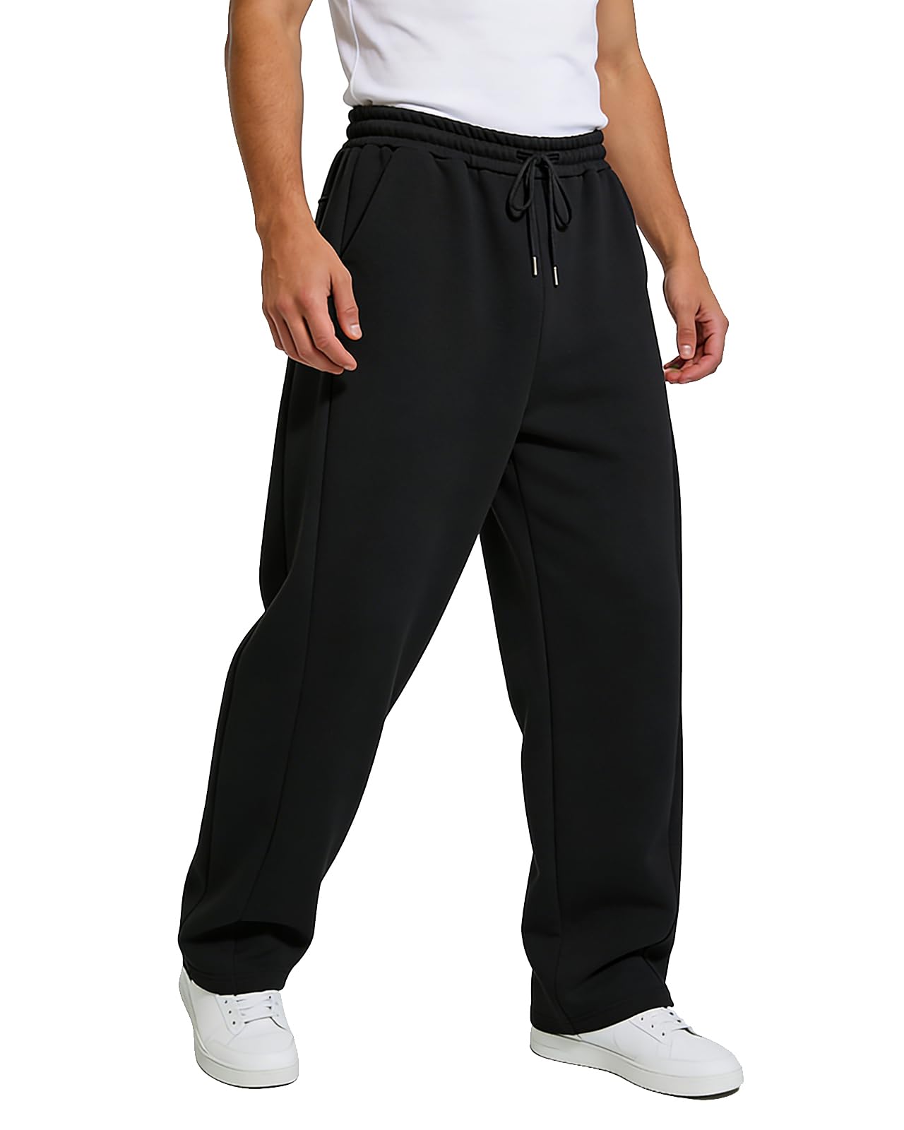 BUXKR Mens Baggy Sweatpants Wide Leg Sweat Pants Fleece Lounge Cotton Loose Elastic Drawstring Waist Pants with Pockets
