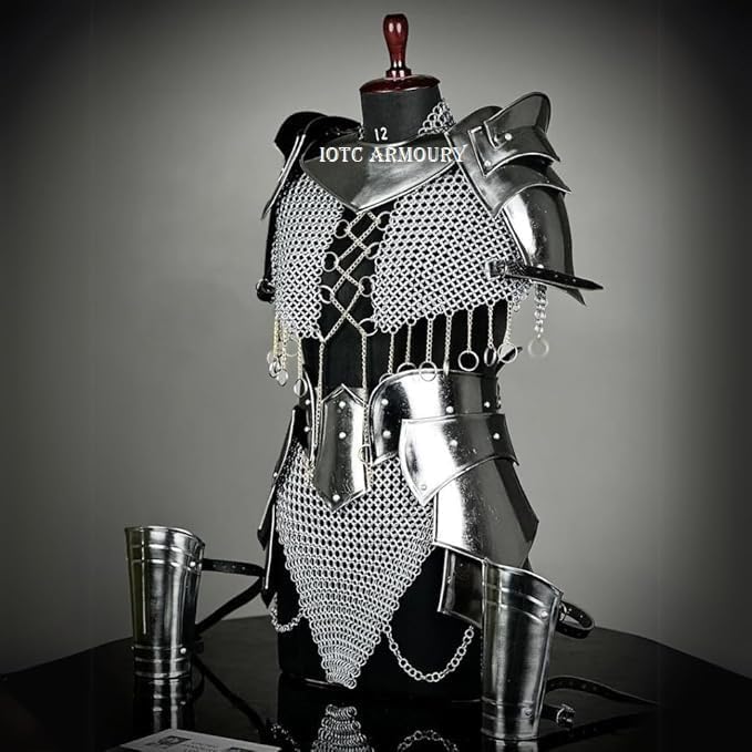 Medieval Cuirass Armor-Brave Lady Knight Armor with Chainmail-Perfect for LARP, Renaissance, Cosplay Replica, Halloween & Fantasy Party Costume Black