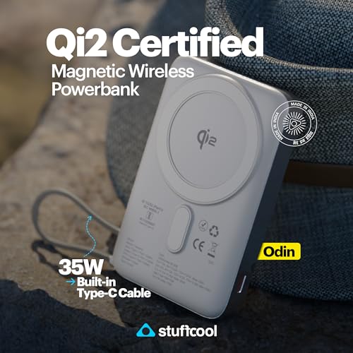 Image of Stuffcool Odin 10000mAh Qi2 MagSafe Powerbank with 15W Wireless Charging, 35W PD Wired Output, Built-in Type-C Cable, Stand, Digital Display, for iPhone, Pixel, Samsung, AirPods