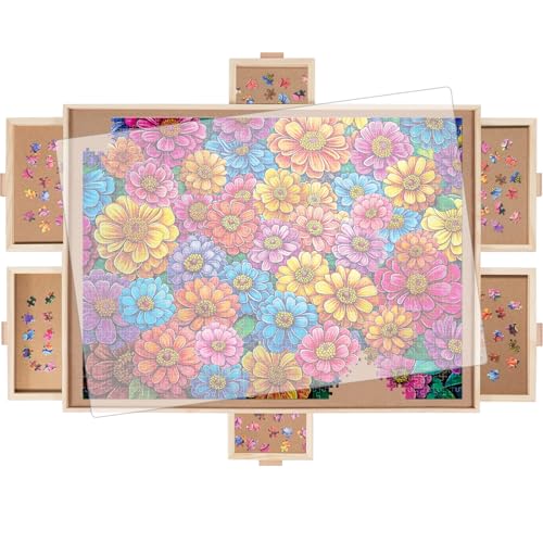 DIKASHI 1000 Pieces Rotating Puzzle Board with 6 Drawers, Lazy Susan & Transparent Cover, 30.2"x22.4" Portable Wooden Jigsaw Puzzle Board , Great Gift for for Puzzle Enthusiasts