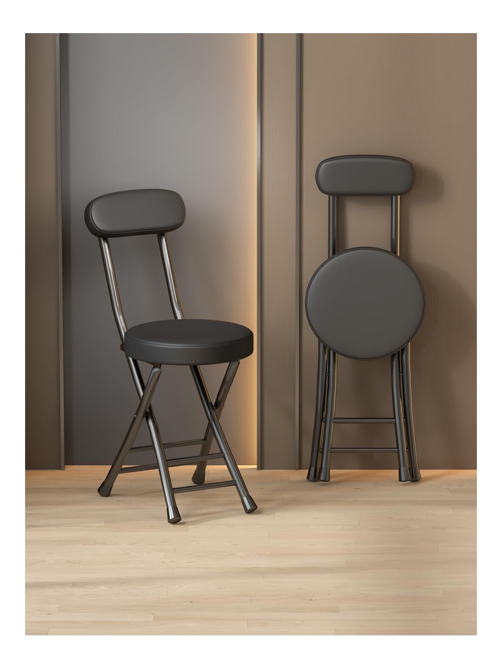 Balama Tabouret en métal noir pliable rembourré 76 x 31 x 31 cm avec verrouillage de sécurité et dossier, plus stable avec 2 barres transversales, avec patins de sol et cuir synthétique robuste