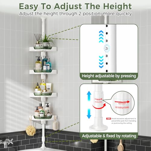 Image of AKINBAS 360 Rotating Shower Caddy Tension Pole with 4-Tier Rustproof Lazy Susan 35-128 Inch No Drilling Coner Shelves Adjustable Shower Rack for Bathroom Bathtub Washbasin Plant Storage (White+Green)