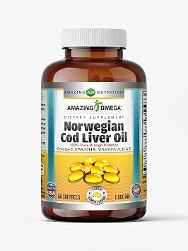 Amazing Omega Norwegian Cod Liver Oil 1000 Mg Softgels Supplement | Omega-3, EPA, DHA, Vitamin A, D & Vitamin E Lemon | 60 Count