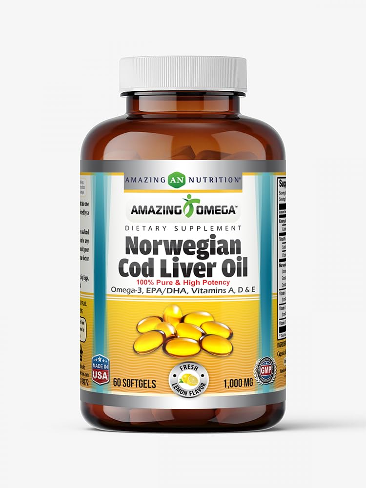 Amazing Omega Norwegian Cod Liver Oil 1000 Mg Softgels Supplement | Omega-3, EPA, DHA, Vitamin A, D & Vitamin E (Lemon | 60 Count)