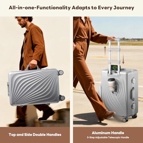 Image of Carry On Luggage, Aluminum Frame Zipperless Suitcase, Silver, 20 in | Airline Approved, Hardside, TSA Lock, 360Spinner Wheels, PC, Wet and Dry Separation Pocket, Cup and Phone Holder, Side Hook