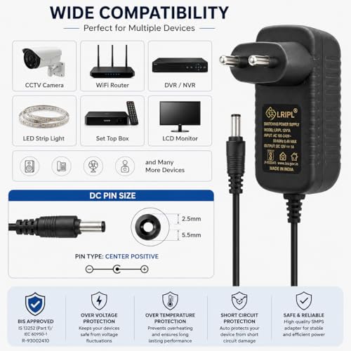 Image of LRIPL 12V 1Amp Power Adapter with 2.5mm Pin 1 Meter Cable | Heavy Duty SMPS Converter Supply for Router, CCTV, DVR, NVR, Set Top Box & LCD Monitor & Electronic Devices - BIS Certified