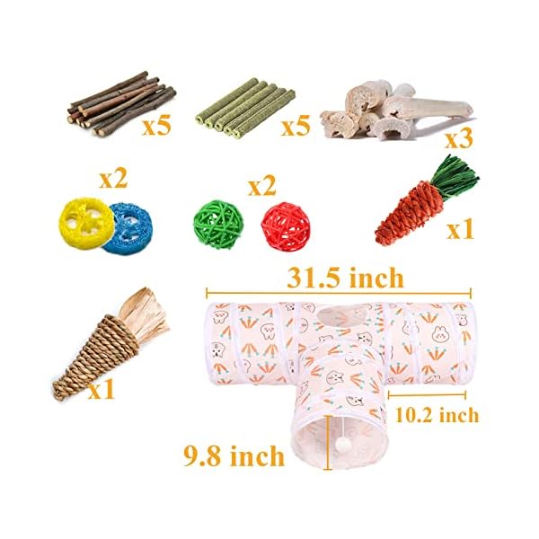 Hercocci bunny tunnels & tubes, collapsible 3 way rabbit hideout tunnel with chew toys for rabbit bunny guinea pig ferret kitten - image 7