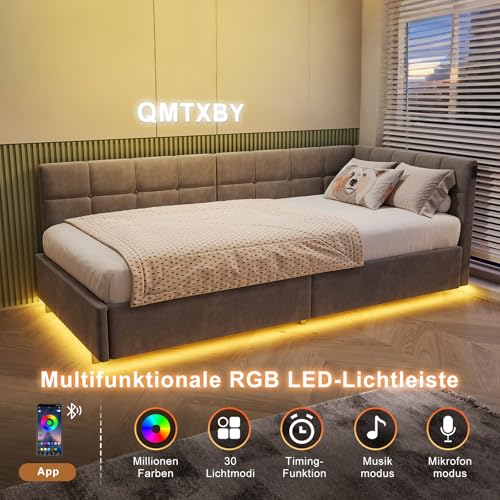 QMTXBYJ Polsterbett Kinderbett 90x200 mit LED und USB-Anschlüssen, Jugendbett 90x200 mit Hydraulischer Stauraum, Schlafsofa Einzelbett Daybett Tagesbett Gästebett Bettgestell mit Lattenrost,Samt – Bild 4