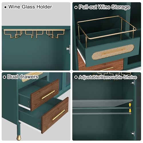 Image of ARTPOWER 48 inch Coffee Bar Cabinet with Wine Racks and Drawers, Modern Buffet Sideboard with Pull-Out Wine Storage, Liquor Bar Cart for Kitchen, Dining Room, Living Room (Green)