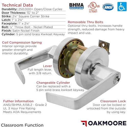 Heavy Duty Commercial Door Handle | Classroom Lock Function | Grade 2 Classroom Door Locks, Keyed for Schools & Colleges | Commercial Door Knob | Nickel Finish Lockset | C UL & ADA | ANSI A156.2 by OAKMOORE - Image 5