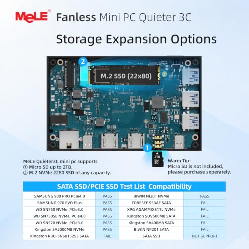 Image of MeLE Quieter 3C Fanless Mini PC N5100 (1.1-2.8GHz) 16GB RAM 512GB SSD | Support 2 HDMI + USB-C Triple Display, WiFi 5 BT5.1 GbE, Quiet, No Dust, Support Win11 /10 & Linux, Unlocked BIOS, Low Power