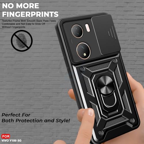 Image of AESTMO Tough Armor Vivo Y100 Bumper Back Case Cover | Ring Holder & Sliding Camera Shield Cover | 360 Degree Protection Back Case Cover for Vivo Y100 (Black)
