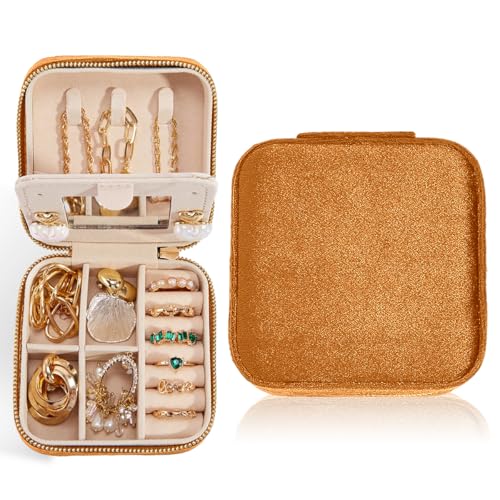Smileshe Travel Jewelry Box with Mirror, Velvet Mini Gifts Case for Women Girls, Small Portable Organizer Boxes for Rings, Earrings, Necklaces, Bracelets