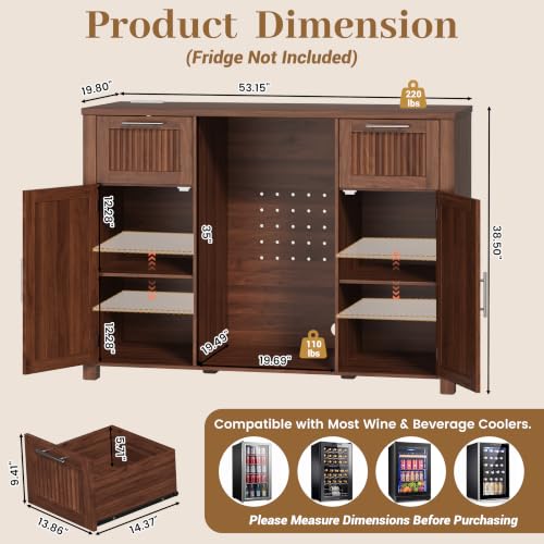 Image of 53 inch Long Fluted Mini Fridge Cabinet with Power Outlet & 2 Drawers, Walnut | Coffee Bar Cabinet with Fridge Space, Modern Wine, Snack Bar, Buffet Cabinet with Door Storage for Living Room, Kitchen, Home
