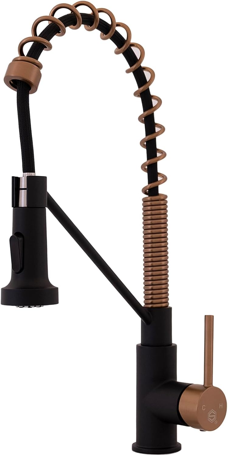 Strictly Sinks Kitchen Faucet with Pull Out Sprayer – Matte Black & Copper Finish Single Handle High Arc Spring Faucet – Dual Function Spray Head Kitchen Sink Faucet with Towel Bar & 360° Swivel Spout