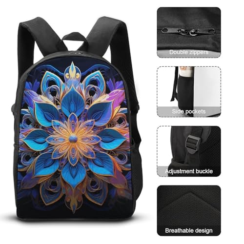 Rectangle Mandala Backpack Set Lightweight Bag Lunch Box Pencil Bags for Women Men Bookbags 3 in 13