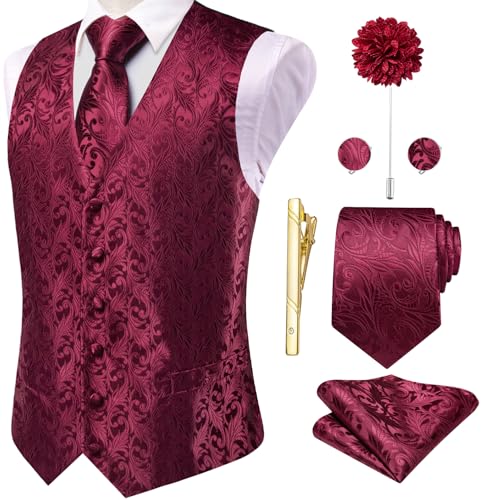 Hi-Tie Silk Mens Suit Vests and Tie Set Lapel Pin Gold Tie Clip Paisley Floral Casual Waistcoat Tuxedo Wedding Party Business