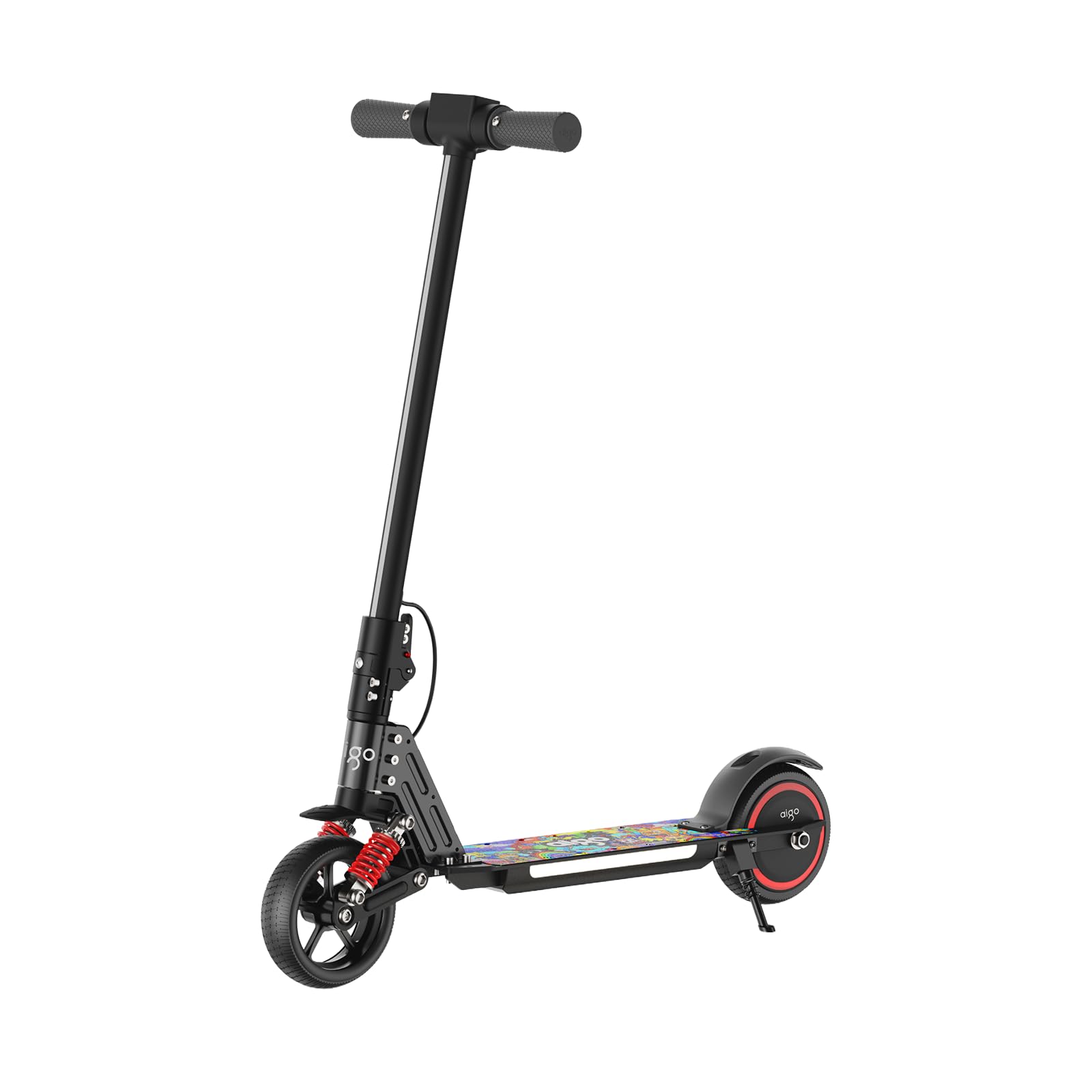aigo E3 Kids Electric Scooter - Front Suspension, Max 3-5 Miles Long Range, Powerful 130W Motor, Multi-Color RGB Light Deck and Rainbow Headlight, 154lbs Weight Safety Tested to UL 2272