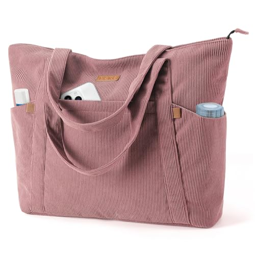 Lekespring Cord Tasche Damen, Groß Tote Bag Strandtasche mit Reißverschluss, Shopper Tasche Damen Laptoptasche mit 15.6 Zoll Laptopfach, Elegant Handtasche Umhängetasche für Arbeit Schule Gym-Rosa