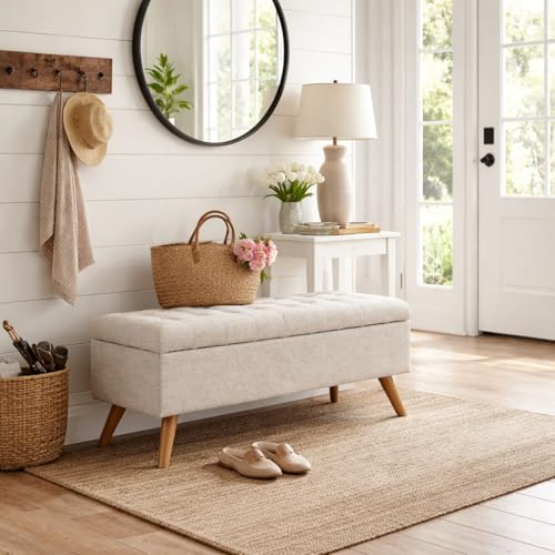 Image of HomePop 48 inch Modern Tufted Storage Bench - Textured Cream Fabric