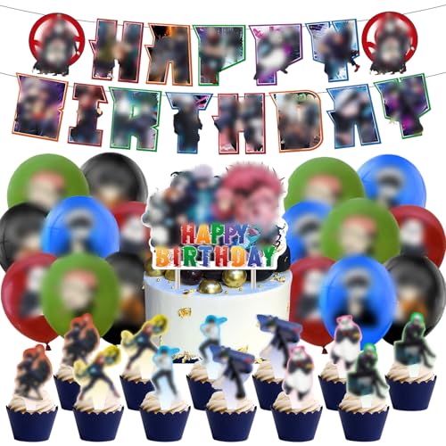 30 Stück Jujuttsu Kaiisen Geburtstag Deko Jujuttsu Kaiisen Geburtstagsdeko Kuchen Deko NlsqAMZ Luftballons Set Partydeko Geburtstag mit Happy Birthday Banner Cake Topper für Fans und Partys