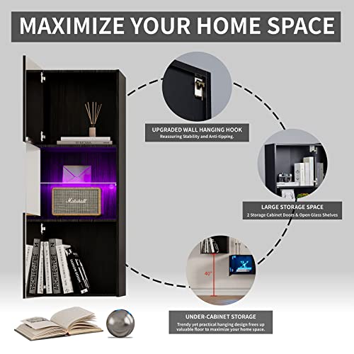 Amerlife AMERLIFE-27A Wall Storage Cabinets With Led Lights, Modern High Gloss Hanging Cabinets With 4 Closed Doors & Open Glass Shelves, For Living Room/Bedroom/Office, Black thumb #2