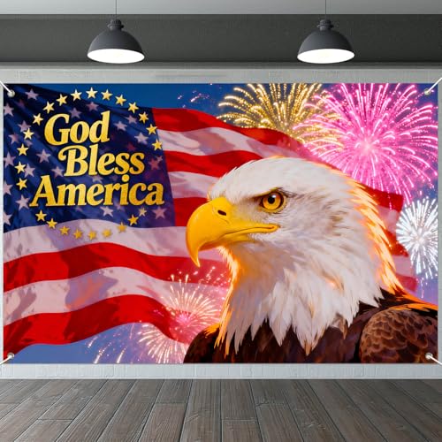 Image of IVN God Bless America Backdrop Banner 71 x 43 Inch Patriotic Bald Eagle USA Flag Fireworks Background Photo Booth Backdrop 4th of July Independence Day Memorial Day Veterans Day Indoor Outdoor Decor