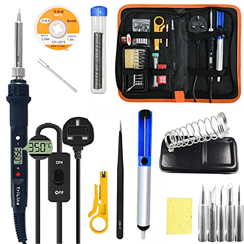 TriLine 80W Display Soldering Iron Kit Adjustable Temperature Welding Tool, ON/Off Switch, 5 Extra Tips, Desoldering Pump, Solder Wire, Wire Stripper Cutter, Tweezer, Solder Wick, Ceramic heater,Stand