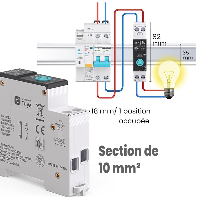 Detallada view of TONGOU Wi-Fi Smart Switch dimensions and wiring capacity