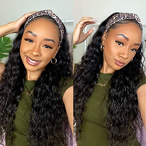 Headband Wig Curly Headband Wigs Human Hair 20 inch Water Wave Headband Wigs for Black Women Machine Made Half Wigs with Headband Attached 150% Density Natural Black Color