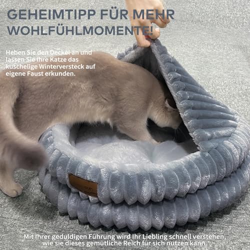 CheerPals Katzenbett mit Deckel 50cm, Waschbar Kuschelhöhle, Winterversteck mit Hochelastischer Schlafkissen für Alle Katze