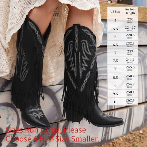 Image of Cowgirl Boots for Women Retro Pointed Toe Pull On Block Chunky Heel Embroide Tassel Country Concert Outfits Mid Calf Western Fringe Cowboy Boots,BlackPU Size 8.5