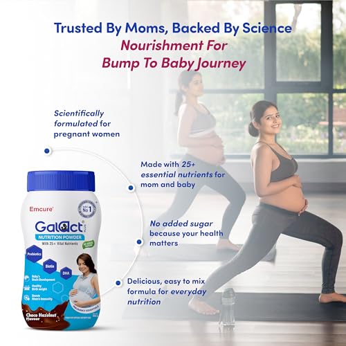 Image of Galact Plus Nutrition Powder for Pregnant Women 400g | 25 Vital Nutrients | Prenatal Supplement with DHA for Brain Development, Biotin, Prebiotics & Folic Acid | Healthy Birth Weight | Choco Hazelnut
