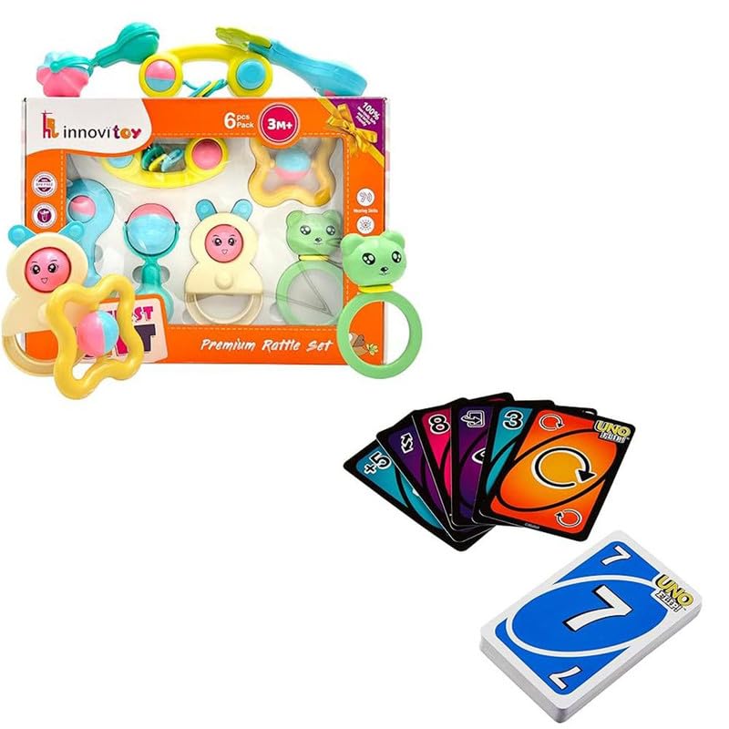 OLIFIN 6-Pc Baby Rattle Set, BPA-Free, Fun Colors & Soft Sound, Ideal for Infants Flip Cards Game for Outdoor Camping– Double Sided Cards, Fun Game for Adult & Family (180 Cards, Pack of 2)
