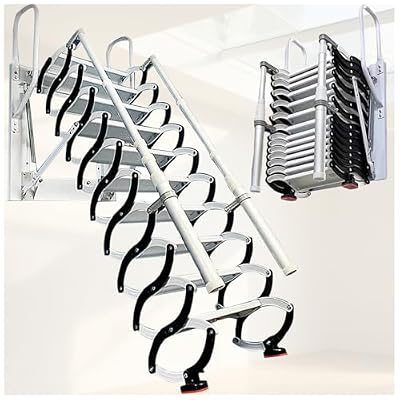 11 Steps Wall-Mounted Folding Stairs, Metal Anti-Slip Retractable Attic Ladder, Pull Down System with 2 Side Rails, for Home Indoor Outdoor/Storehouse/Basement (11 Steps)
