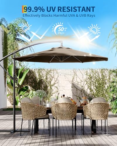 Cantilever Umbrella with Cross Base, 10FT Shade for 2-6 People, Outdoor Offset Design with Infinite Tilt and Crank Lift, Fade-Resistant Cross Base Canopy for Deck Pool Garden Backyard,Tan
