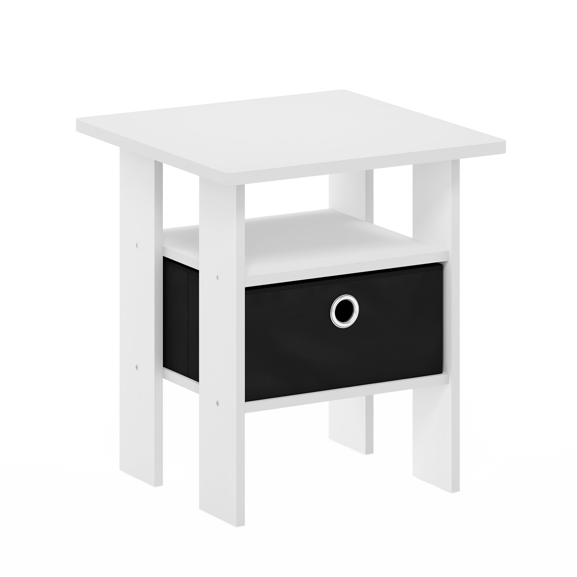 Furinno Andrey Side Table, End Table, Night Stand with Open Shelves and Storage Bin, Bedside Table, for Living Room, Bedroom, White
