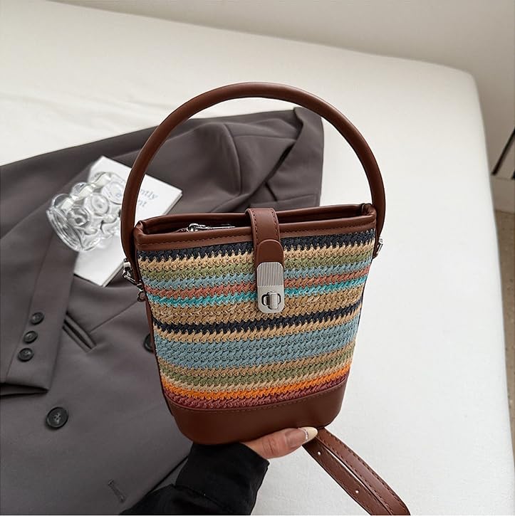 Women's Contrast Color Straw Woven Shoulder Bag Mini Bucket Bag Crossbody Bag4