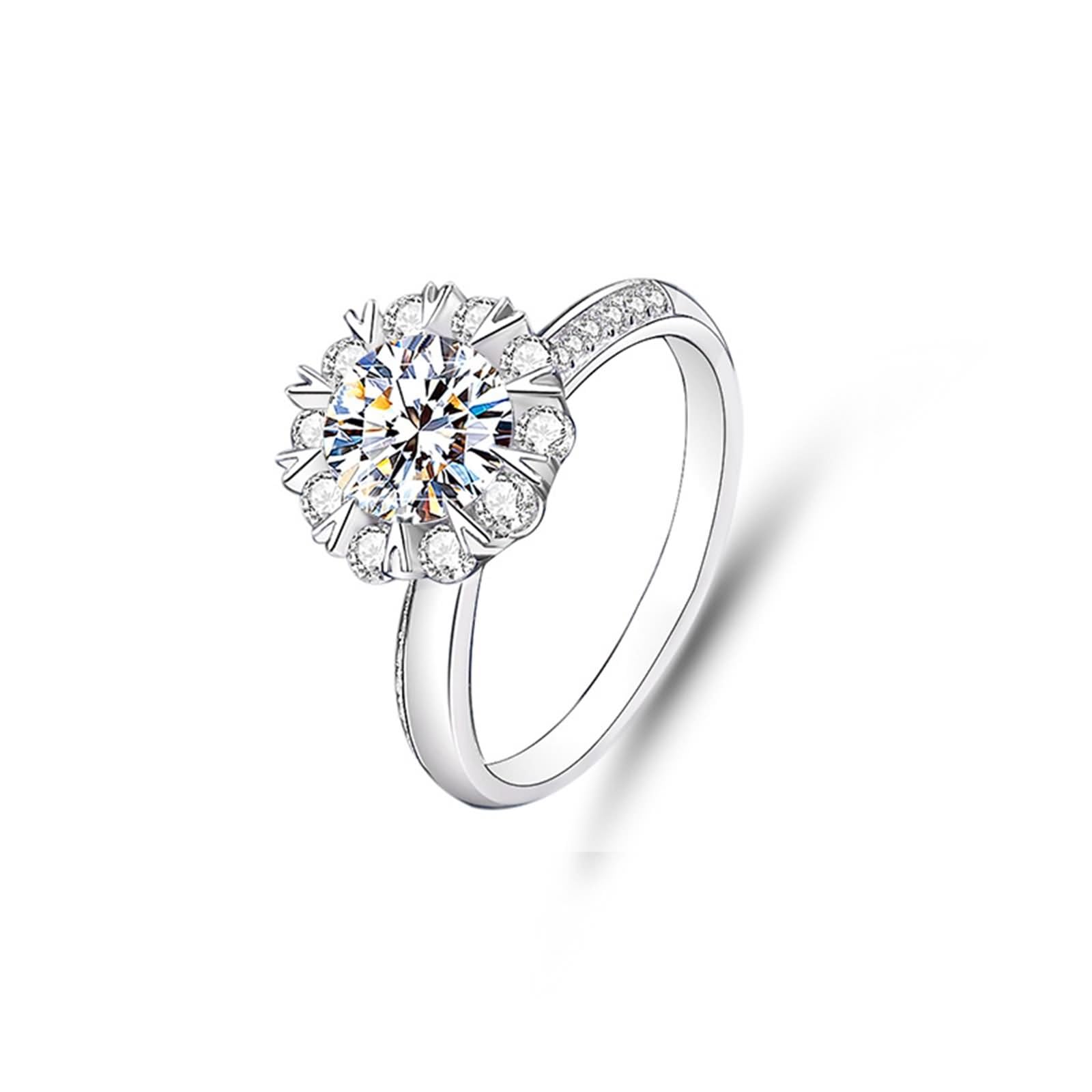 Anello di fidanzamento da donna, delicato e sottile, elegante anello con fiore di moissanite rotondo 1 carati, in argento bianco 18 carati, misura 47 (15,0)